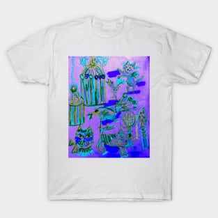 Grape Purple Cats Kitty Birds Birdcages T-Shirt